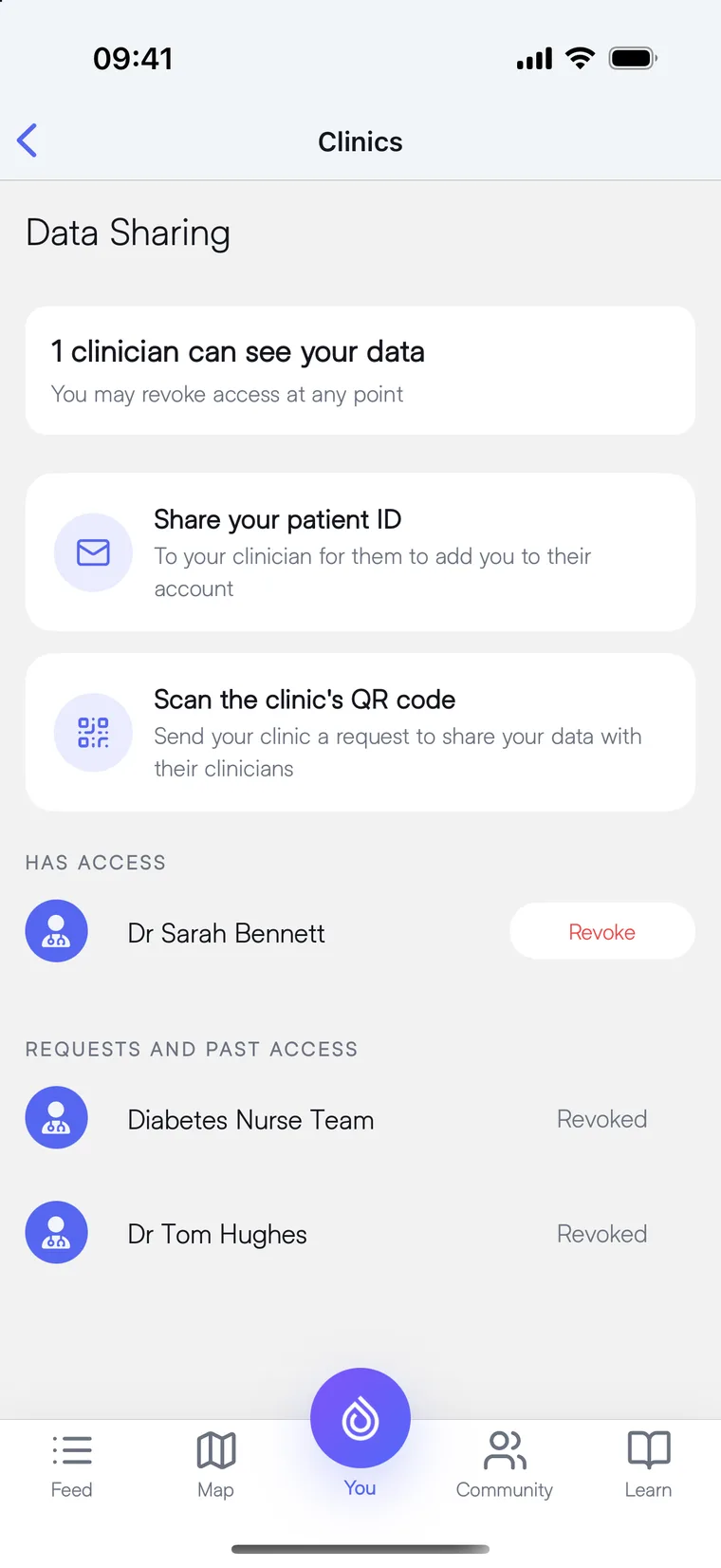 The Clinics screen in the Enhance-d app: one clinician can see your data, and you can revoke access at any point