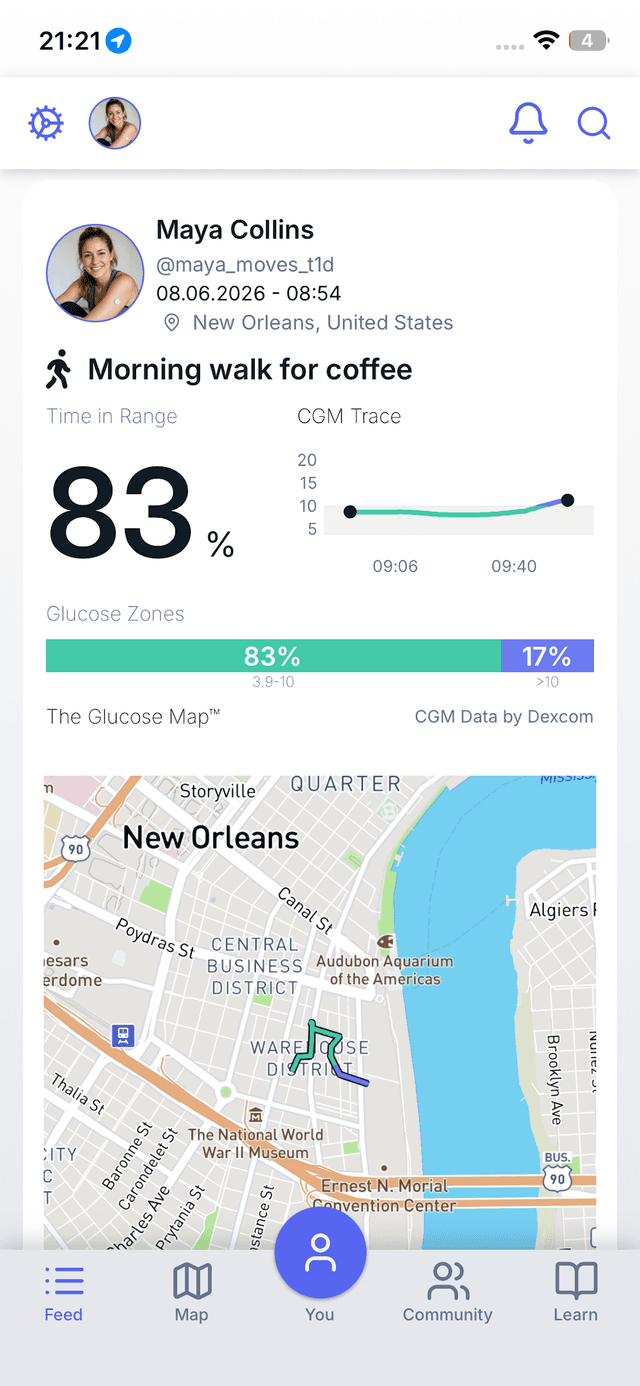Enhance-d app: a logged morning walk showing time in range, CGM trace, glucose zones and the route map